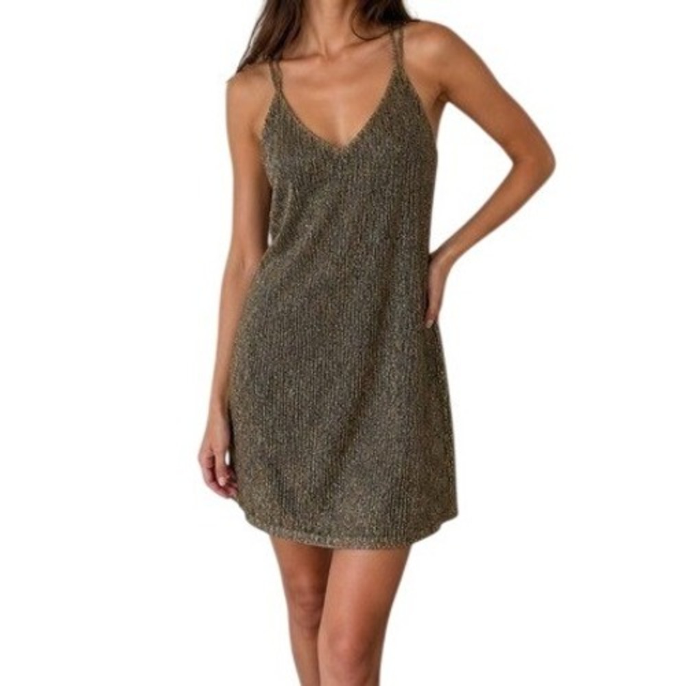 Xhilaration Gold‎ Metallic Pleated Mini Dress Black T-Back Spaghetti Strap Large